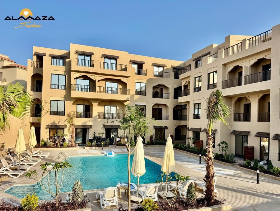 Almaza Suites — the terrace and umbrellas