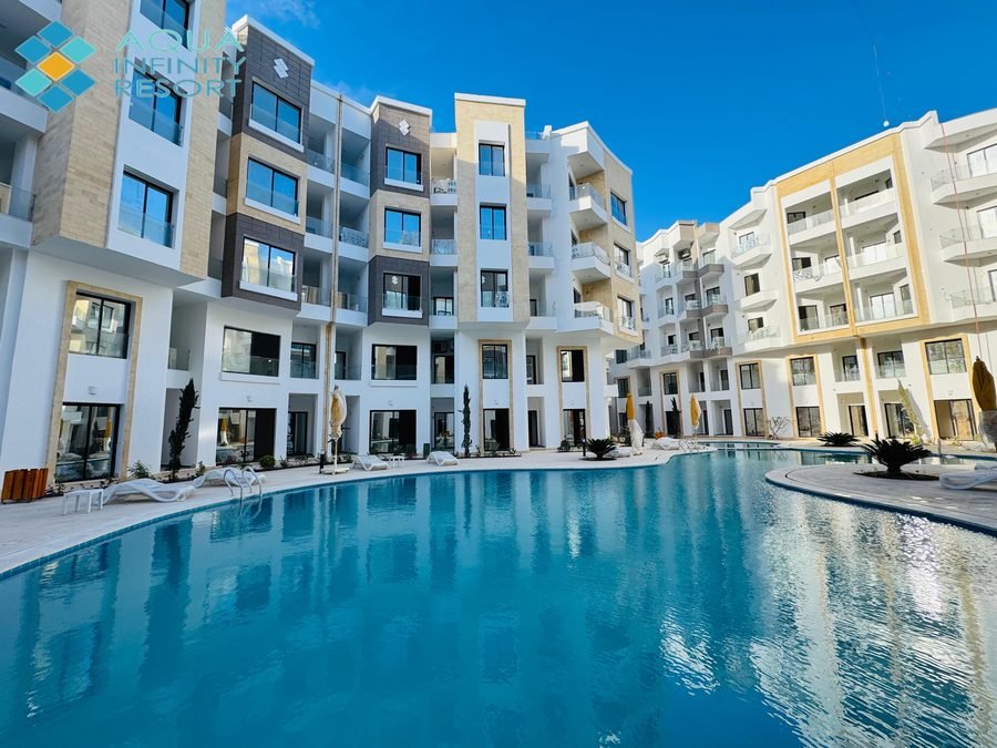 The pool and terraces at Aqua Infinity Resort, one of five completed Al Masriya projects in Hurghada