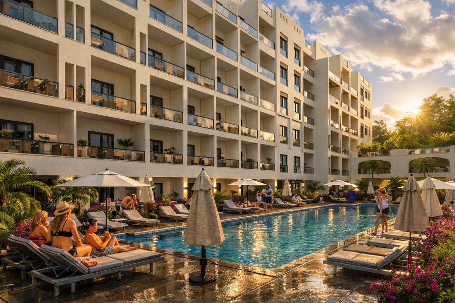 AQUA ORGWAN Resort — visualisation of the pool at sunset