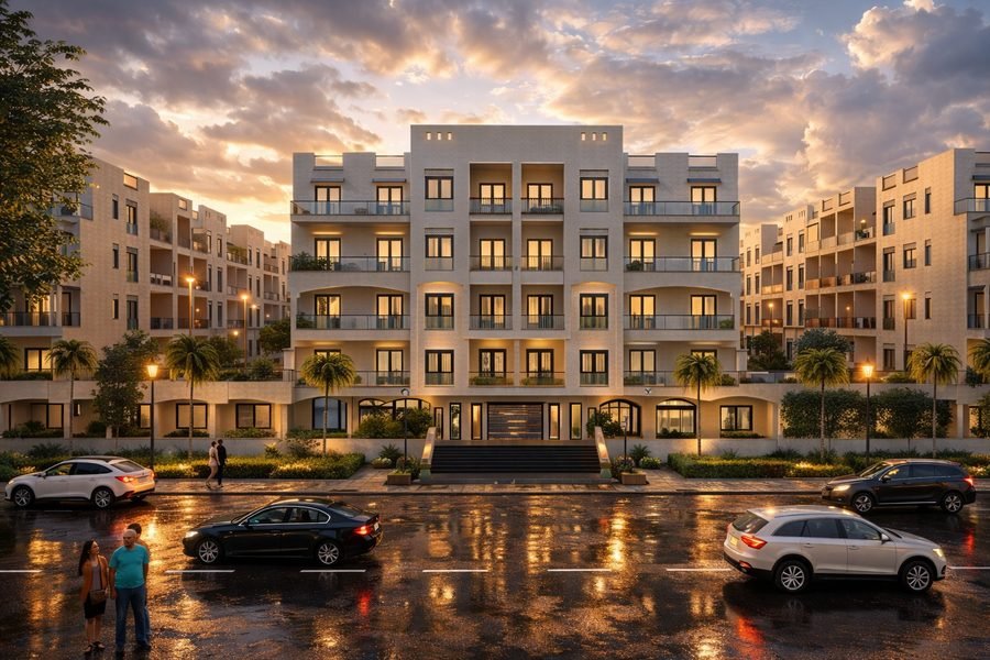 AQUA ORGWAN Resort — visualisation of the main facade at dusk