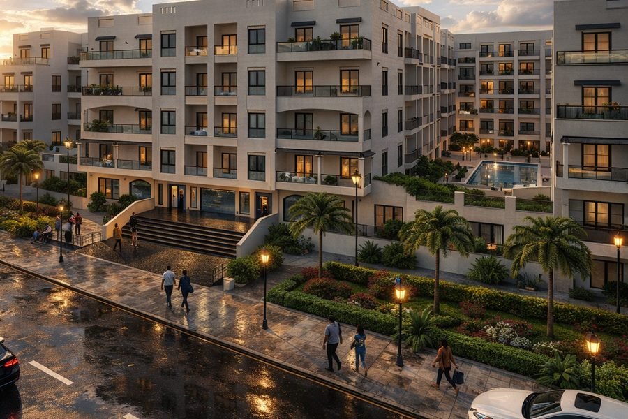 AQUA ORGWAN Resort — visualisation of the entrance steps at dusk