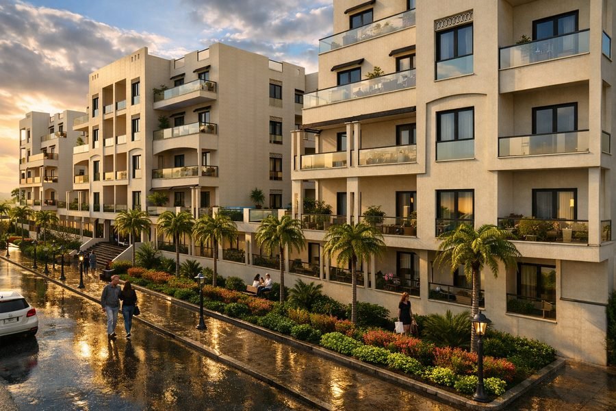 AQUA ORGWAN Resort — visualisation of the landscaped avenue between the blocks