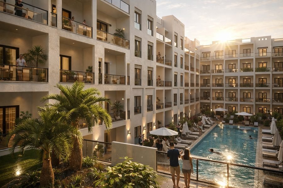 AQUA ORGWAN Resort — visualisation of the pool courtyard at sunset