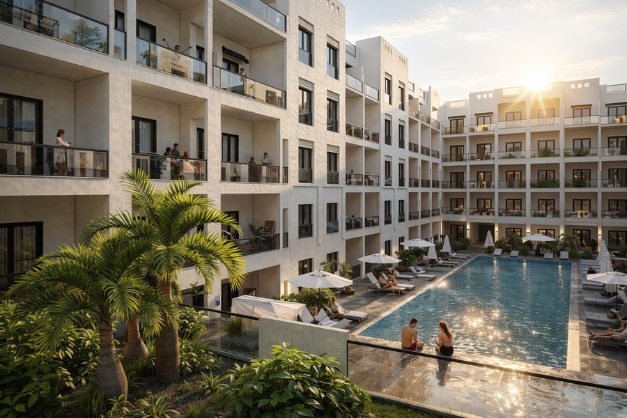 Architect's visualisation of the pool courtyard at AQUA ORGWAN Resort