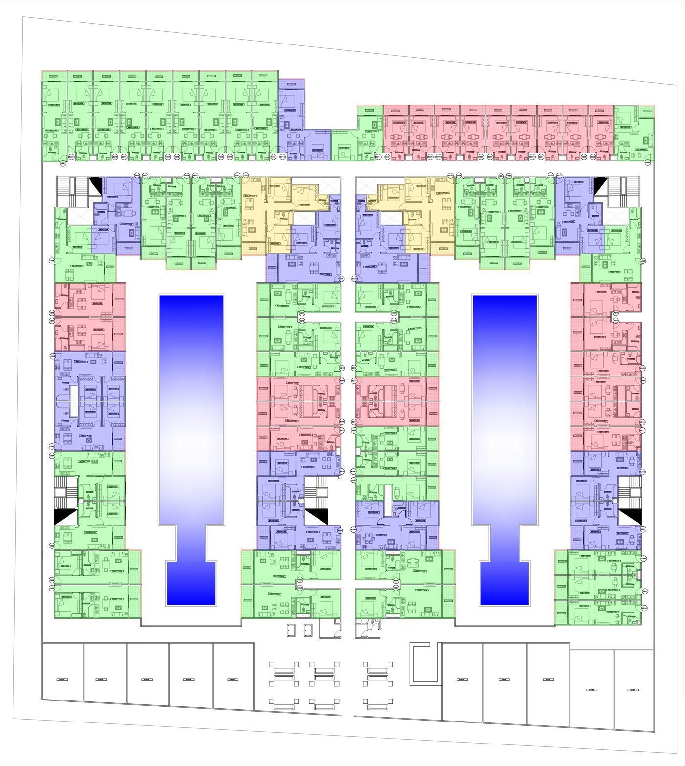 AQUA ORGWAN Resort &mdash; colour-coded ground floor plan showing blocks A to D around the two pools