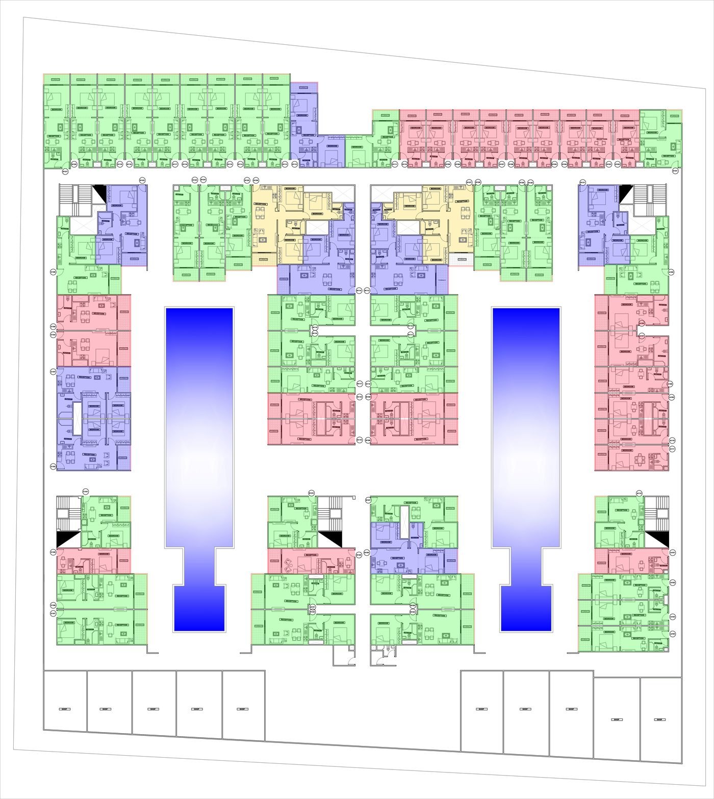 AQUA ORGWAN Resort &mdash; colour-coded pool level plan showing blocks A to D around the two pools