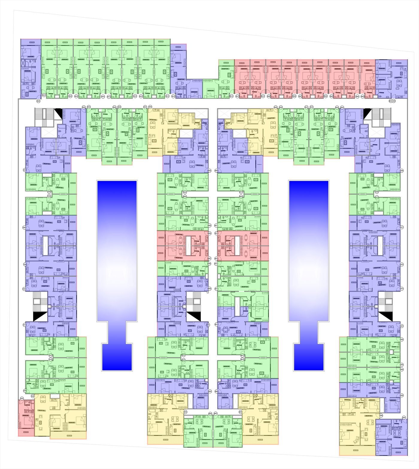 AQUA ORGWAN Resort &mdash; colour-coded third floor plan showing blocks A to D around the two pools