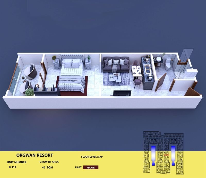 Layout visualisation of a unit at AQUA ORGWAN Resort