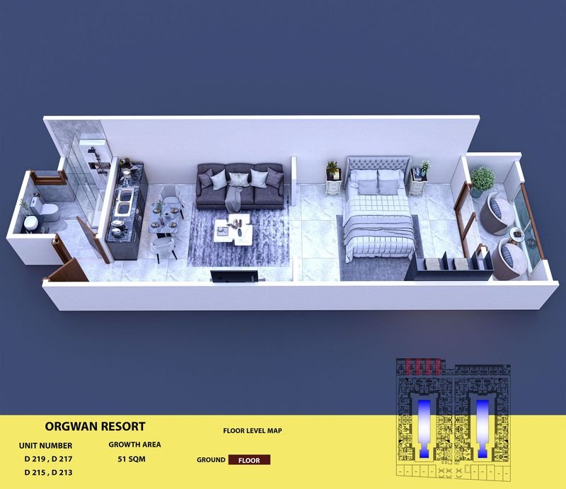 Layout visualisation of a unit at AQUA ORGWAN Resort