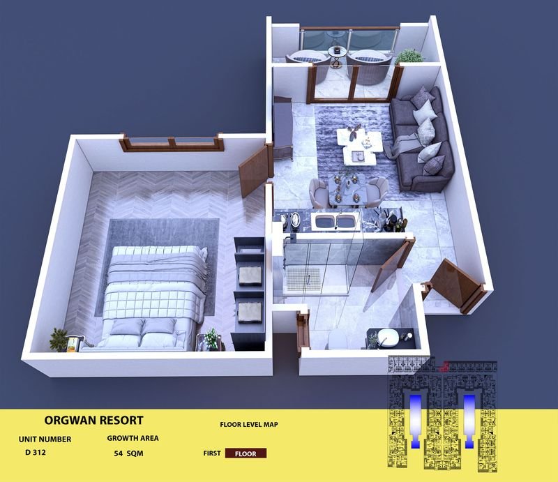 Layout visualisation of a unit at AQUA ORGWAN Resort