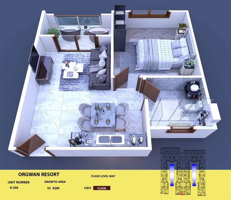 Layout visualisation of a unit at AQUA ORGWAN Resort