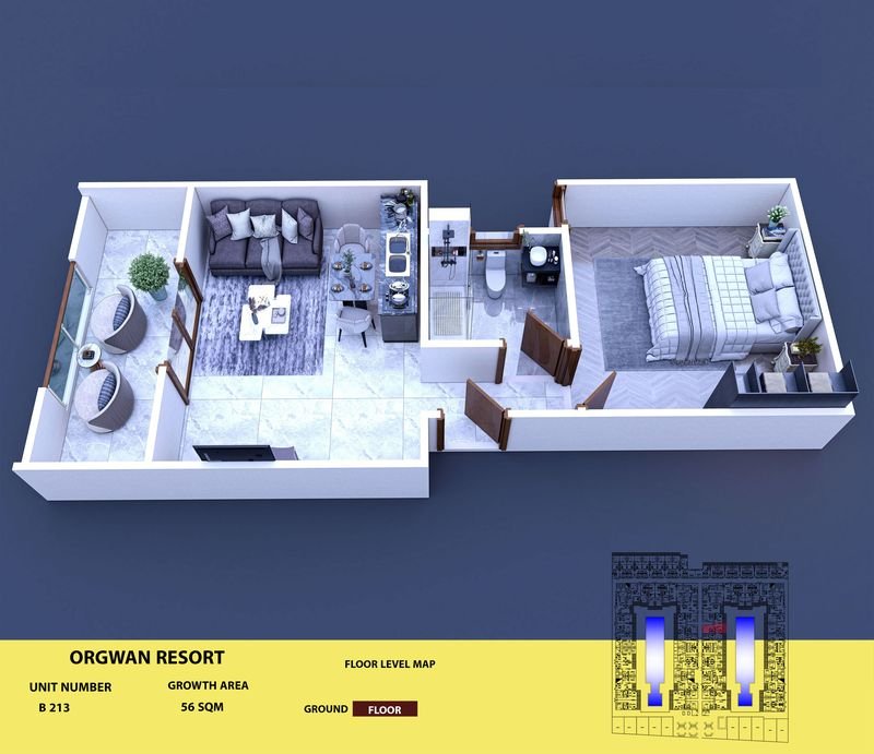 Layout visualisation of a unit at AQUA ORGWAN Resort