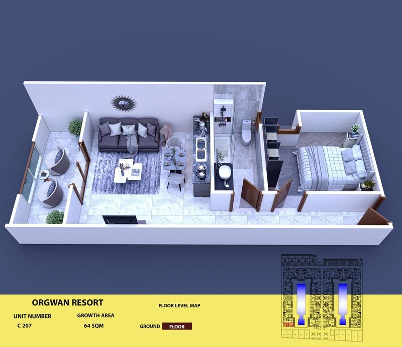 Layout visualisation of a unit at AQUA ORGWAN Resort