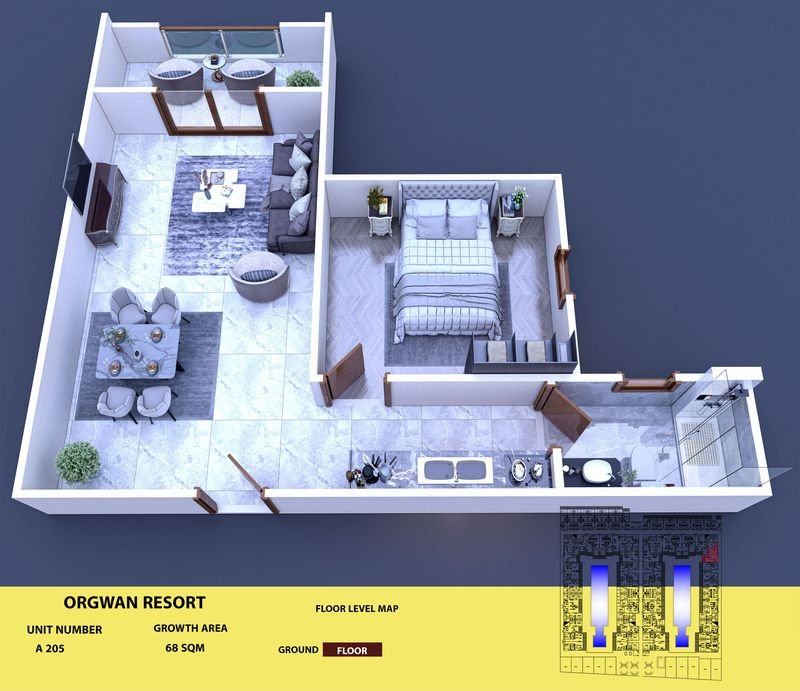 Layout visualisation of a unit at AQUA ORGWAN Resort