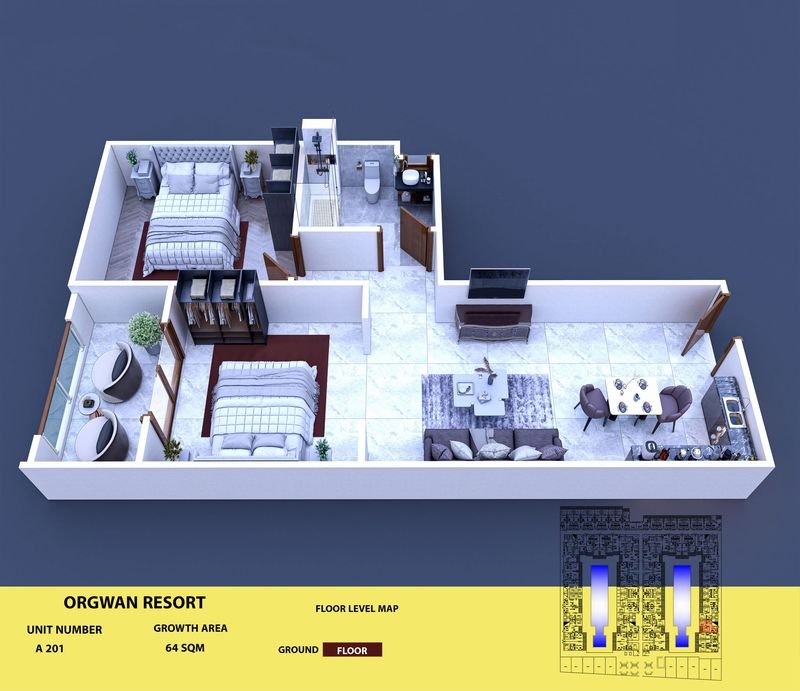 Layout visualisation of a unit at AQUA ORGWAN Resort