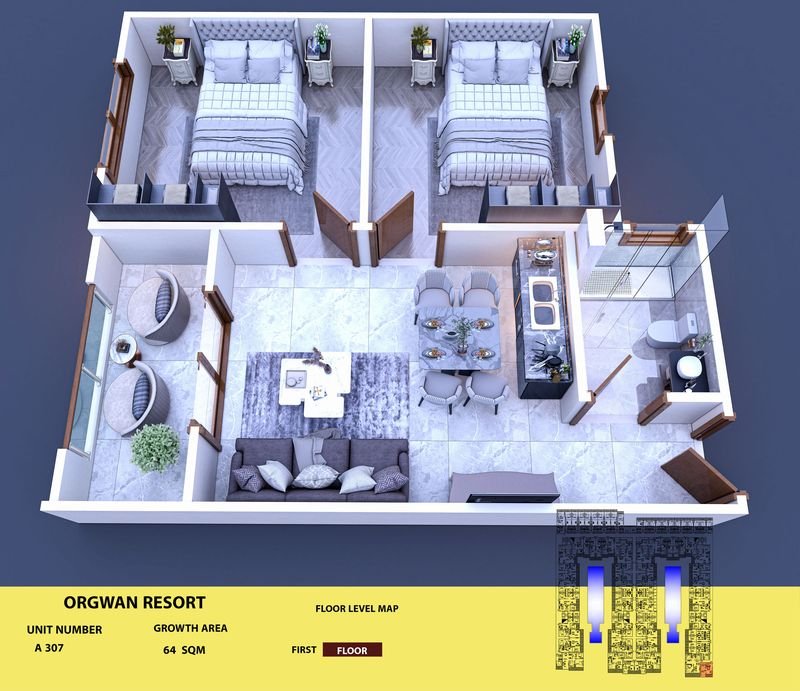 Layout visualisation of a unit at AQUA ORGWAN Resort