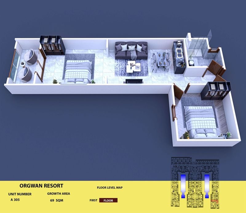 Layout visualisation of a unit at AQUA ORGWAN Resort