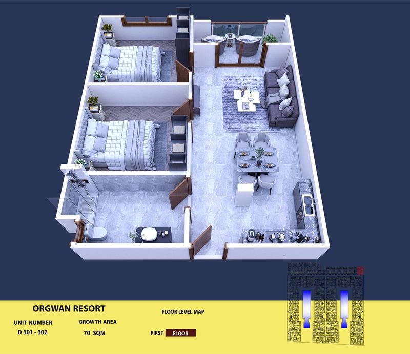 Layout visualisation of a unit at AQUA ORGWAN Resort
