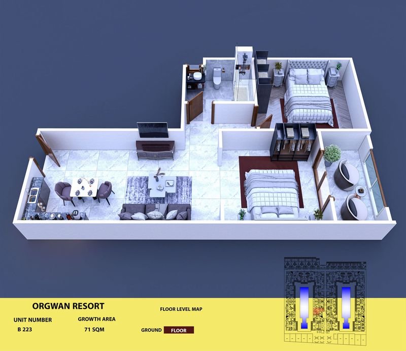 Layout visualisation of a unit at AQUA ORGWAN Resort