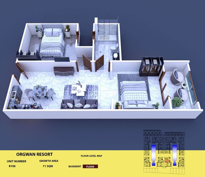 Layout visualisation of a unit at AQUA ORGWAN Resort