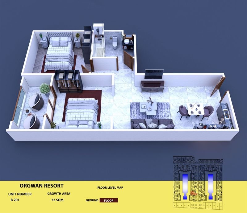 Layout visualisation of a unit at AQUA ORGWAN Resort