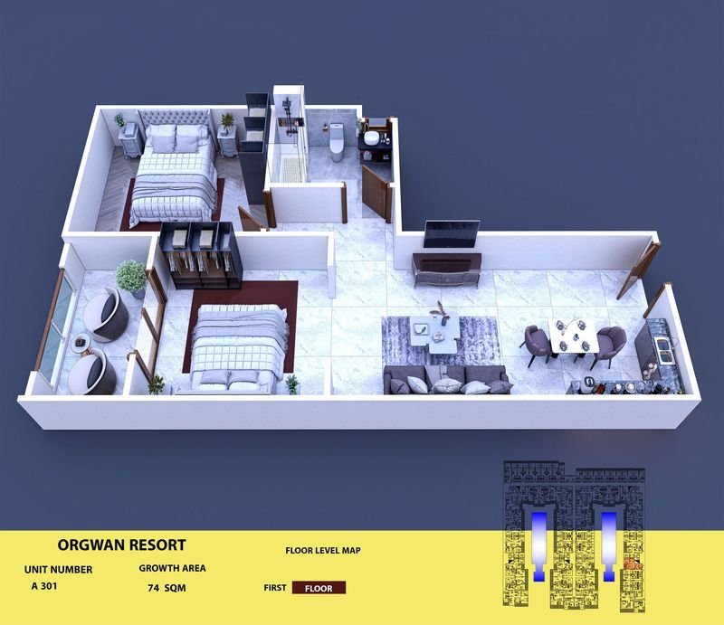 Layout visualisation of a unit at AQUA ORGWAN Resort
