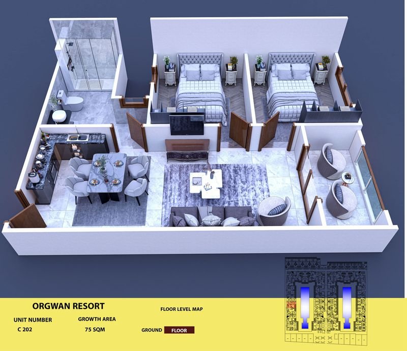 Layout visualisation of a unit at AQUA ORGWAN Resort