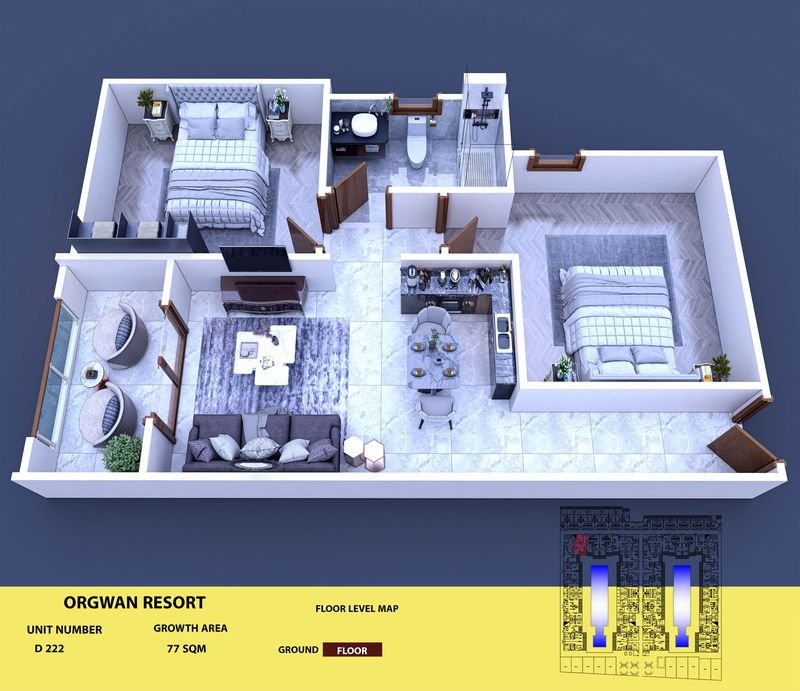 Layout visualisation of a unit at AQUA ORGWAN Resort