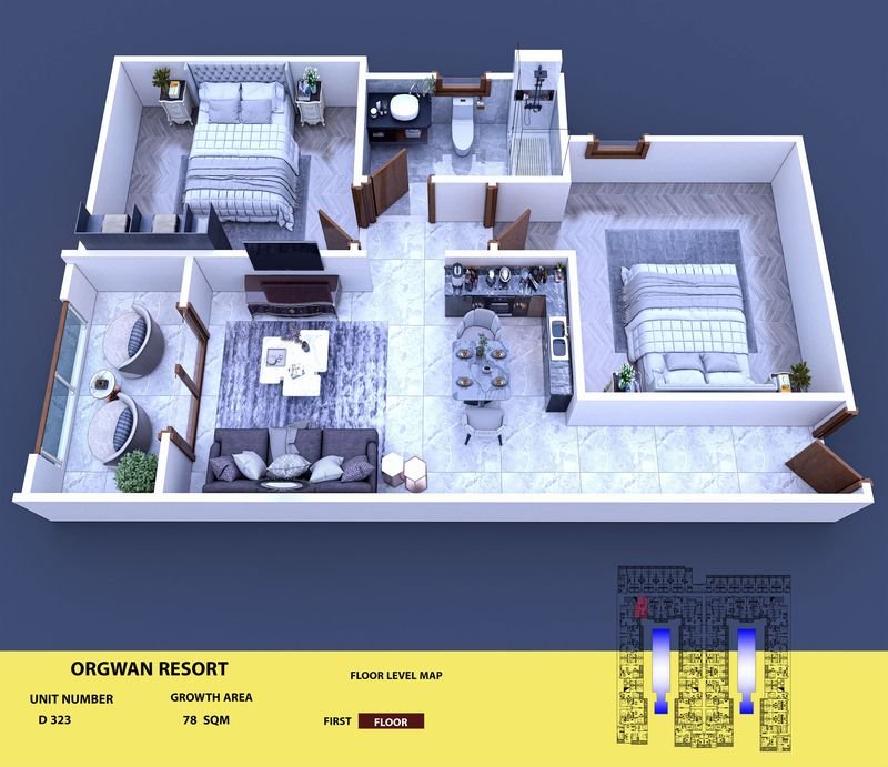 Layout visualisation of a unit at AQUA ORGWAN Resort