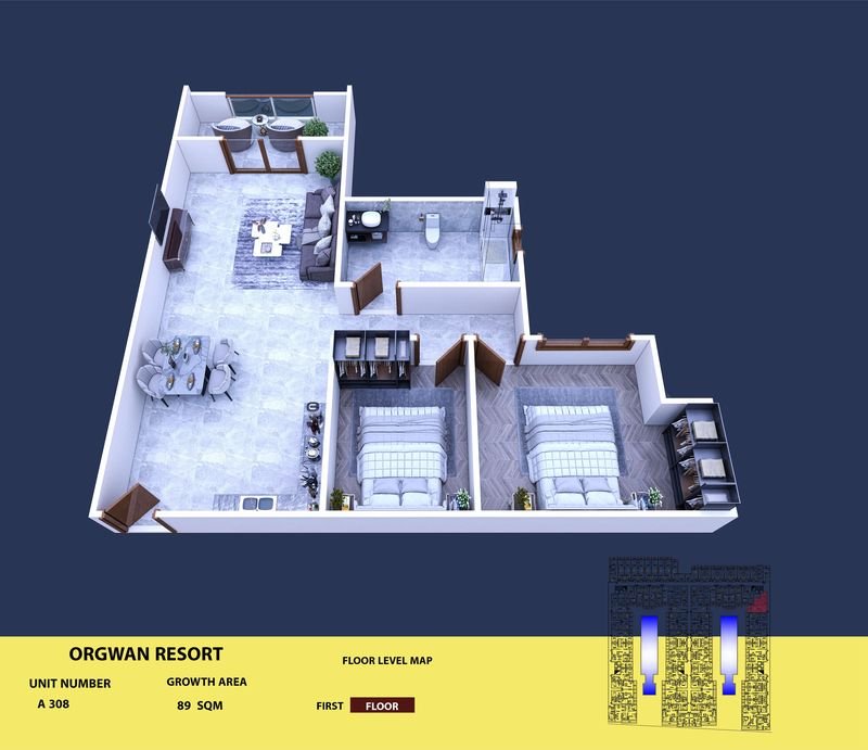 Layout visualisation of a unit at AQUA ORGWAN Resort