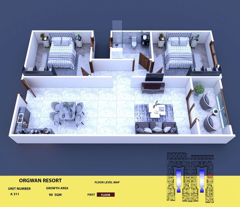 Layout visualisation of a unit at AQUA ORGWAN Resort