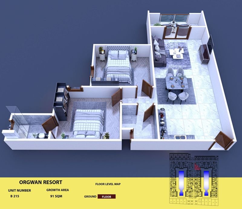 Layout visualisation of a unit at AQUA ORGWAN Resort