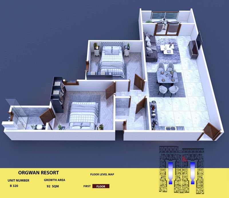 Layout visualisation of a unit at AQUA ORGWAN Resort