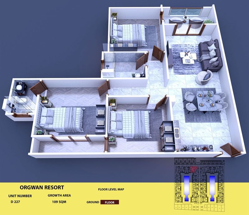 Layout visualisation of a unit at AQUA ORGWAN Resort