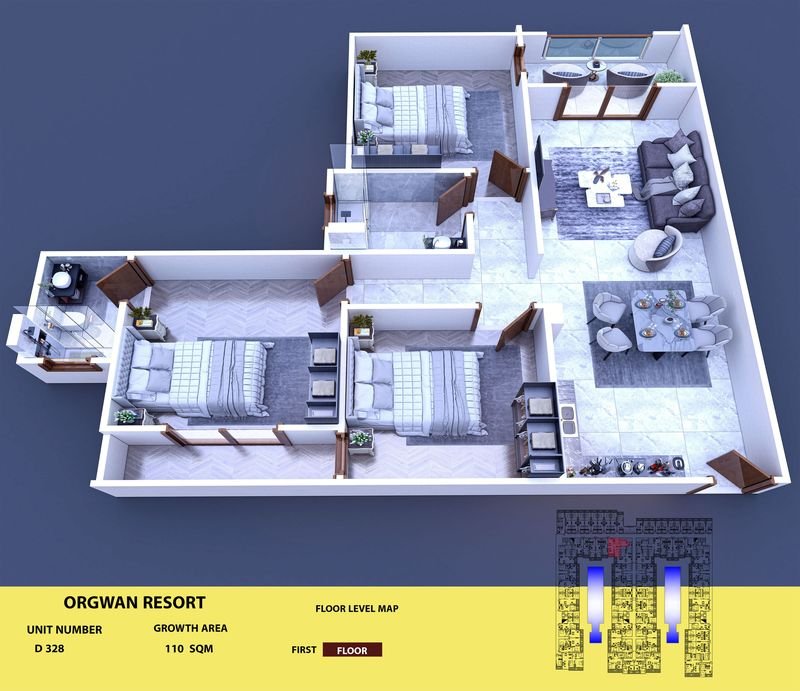 Layout visualisation of a unit at AQUA ORGWAN Resort