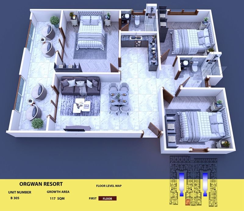 Layout visualisation of a unit at AQUA ORGWAN Resort