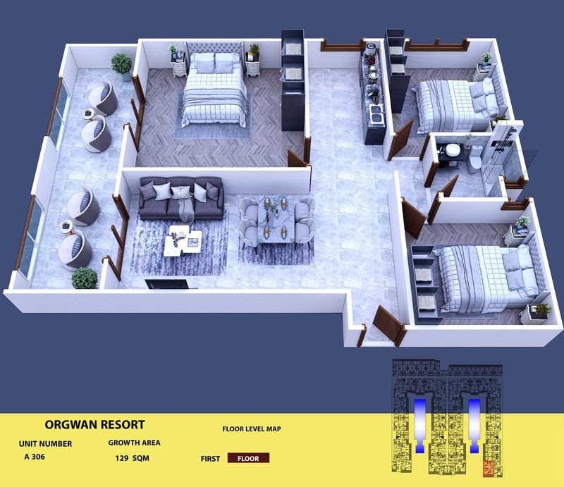 Layout visualisation of a unit at AQUA ORGWAN Resort