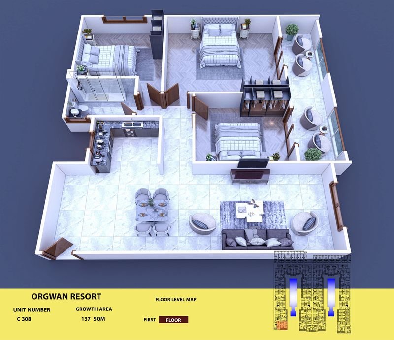 Layout visualisation of a unit at AQUA ORGWAN Resort