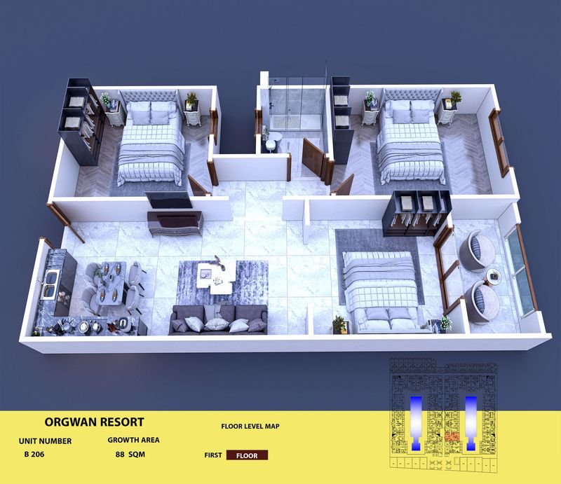 Layout visualisation of a unit at AQUA ORGWAN Resort