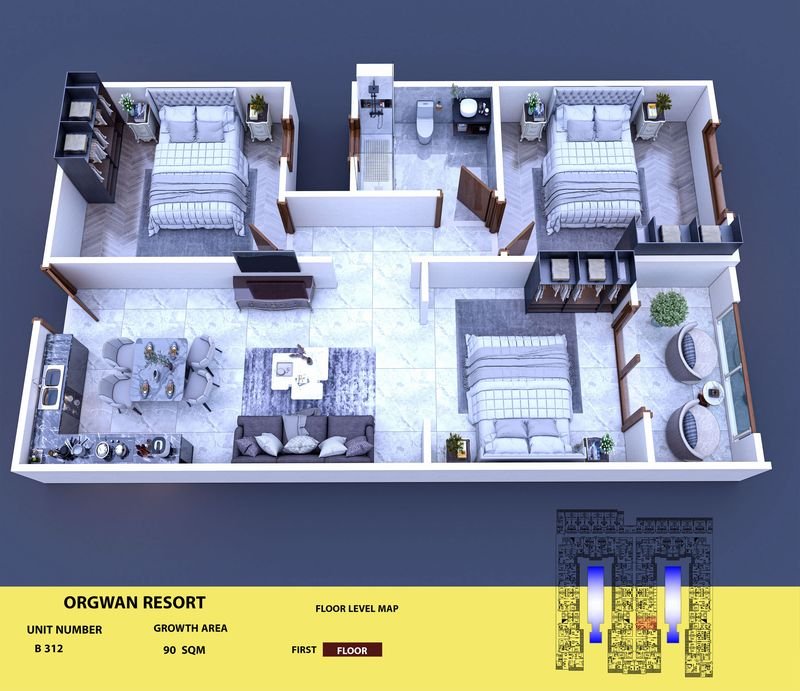 Layout visualisation of a unit at AQUA ORGWAN Resort