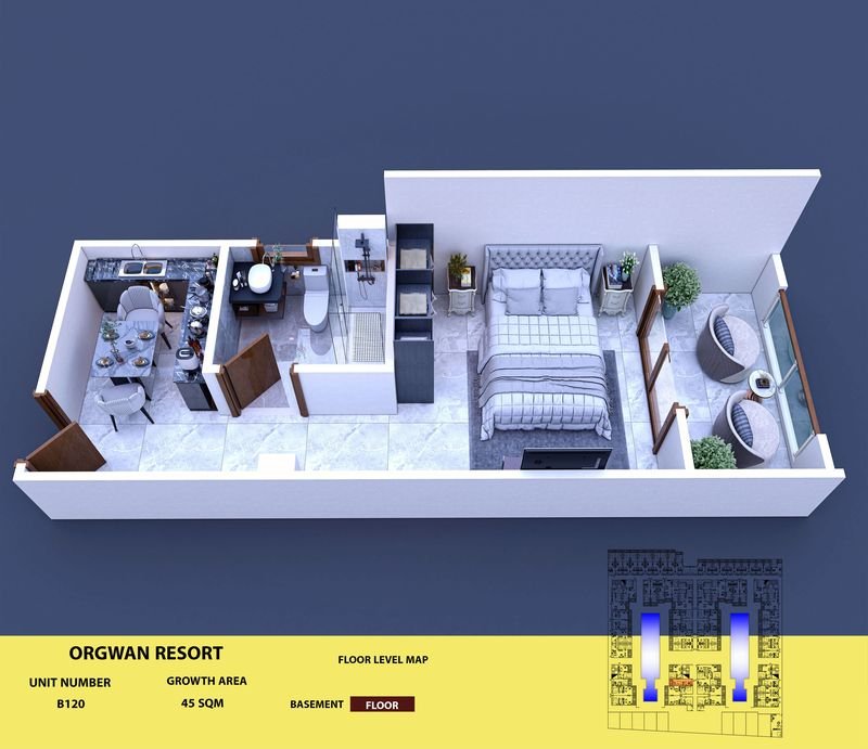 Layout visualisation of a unit at AQUA ORGWAN Resort