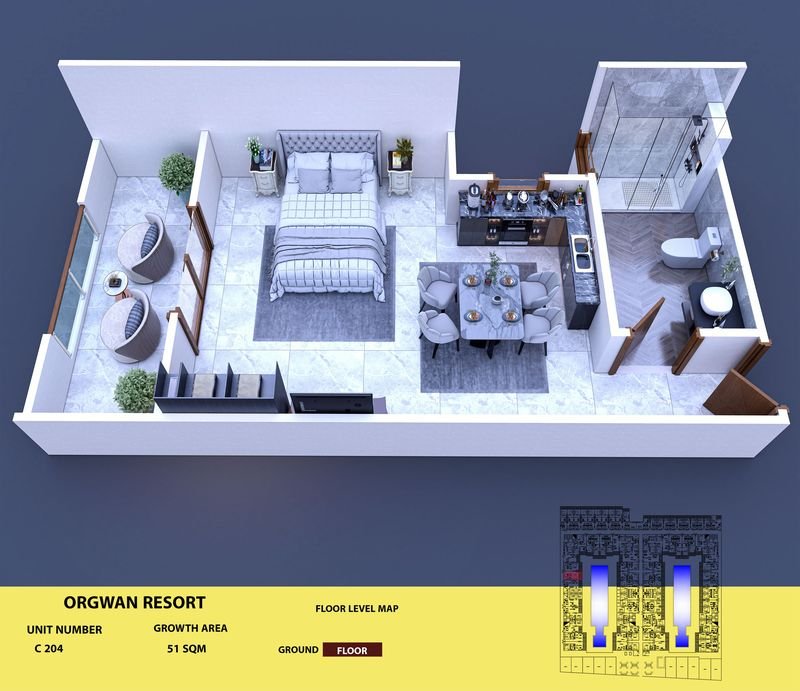 Layout visualisation of a unit at AQUA ORGWAN Resort