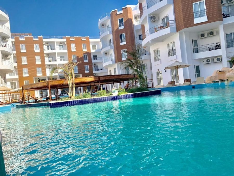 The pool and apartment blocks at Aqua Palms Resort, Al Ahyaa, Hurghada