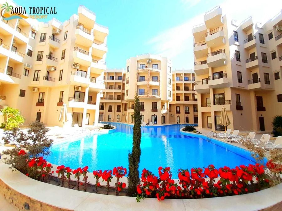 The pool and planted terraces at Aqua Tropical Resort, Hurghada