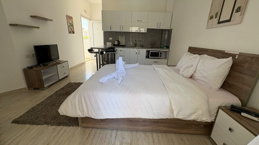 Studio at Aqua Palms — bed, television and kitchen area